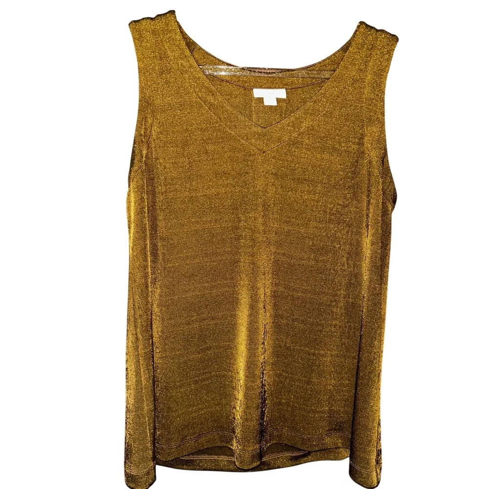 J.Jill Womens Metallic Shimmer V-Neck Tank Top Hazelnut Brown Pleated Back Small